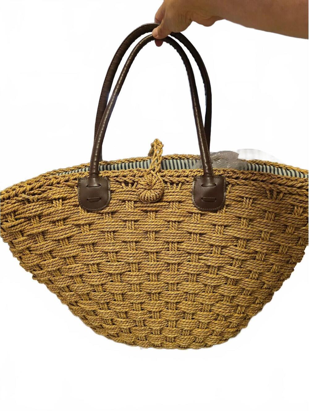 Handwoven Paper Straw Tote Bag with Leather Handles